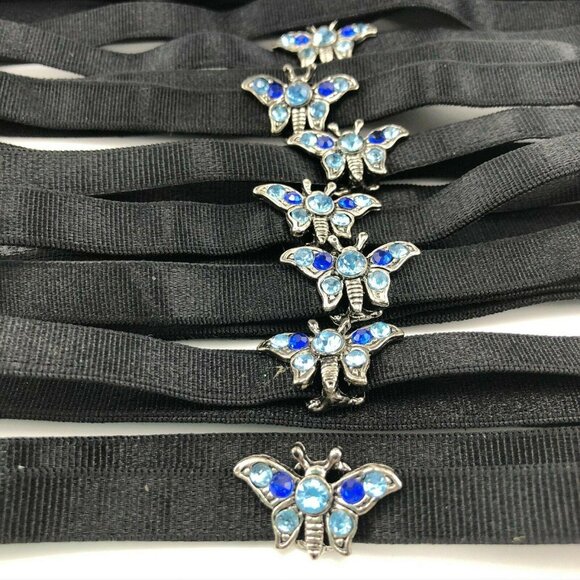 Set Of 12 Adjustable Black Elastic Butterfly Headbands Blue Rhinestone Accents - Picture 3 of 7